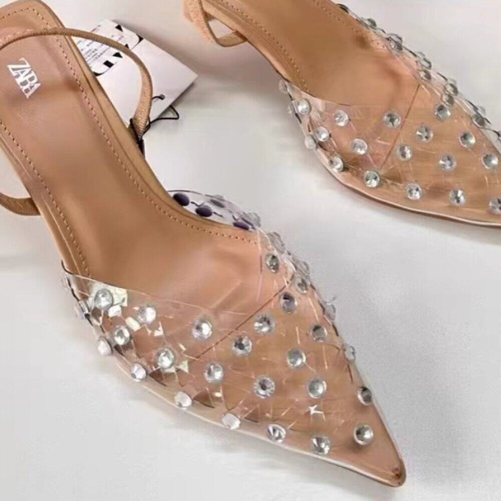 ZARA Rhinestone Slingback Heels NWT Clear Vinyl Pointed Toe Bridal Shoes Size 8 - Picture 9 of 16